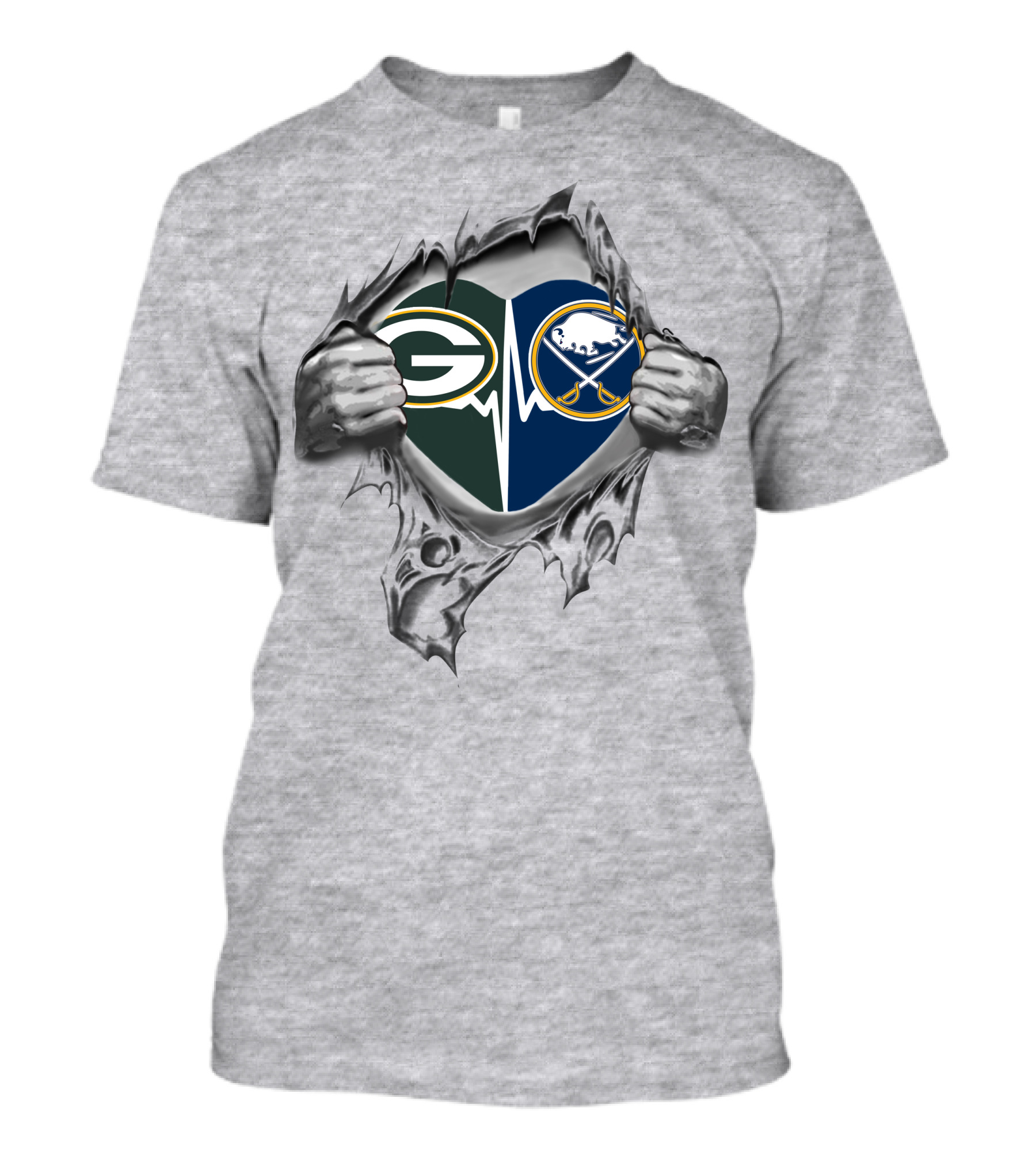 Green Bay Packers Buffalo Sabres Heart Logo Tear T-Shirt