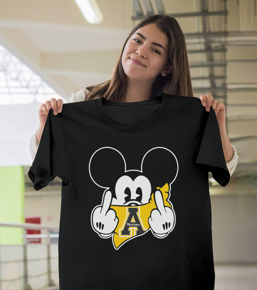 Appalachian State Mountaineers Mickey Iconic Gesture Black And Yellow Graphics T-Shirt