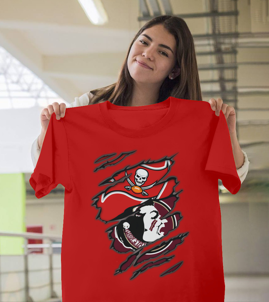 Buccaneers Seminoles Skull And Tomahawk Football Fusion T-Shirt