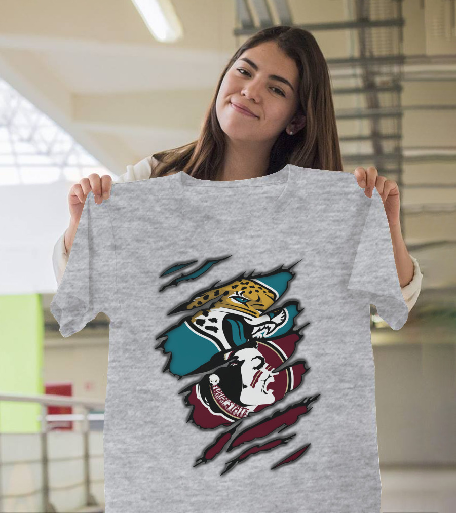 Jacksonville Jaguars And Florida State Seminoles Logo Crossover T-Shirt