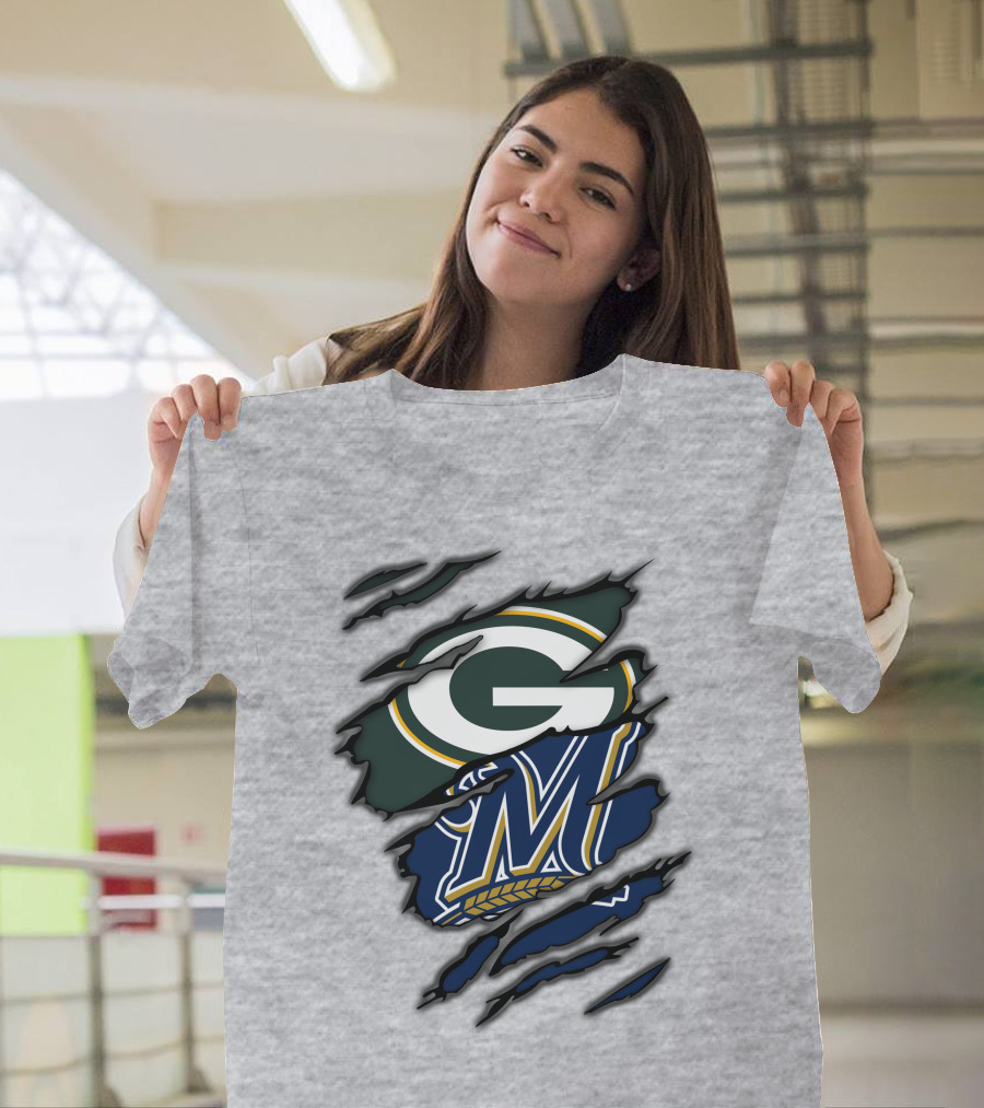 Green Bay Packers Milwaukee Brewers Logos Torn Claw Marks T-Shirt