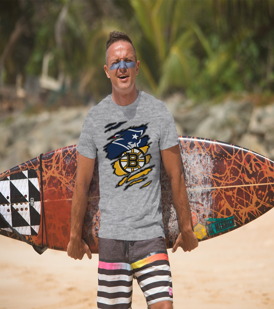 Patriots Bruins New England Football Boston Hockey Fan Collaboration T-Shirt