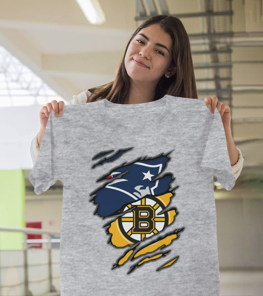 Patriots Bruins New England Football Boston Hockey Fan Collaboration T-Shirt