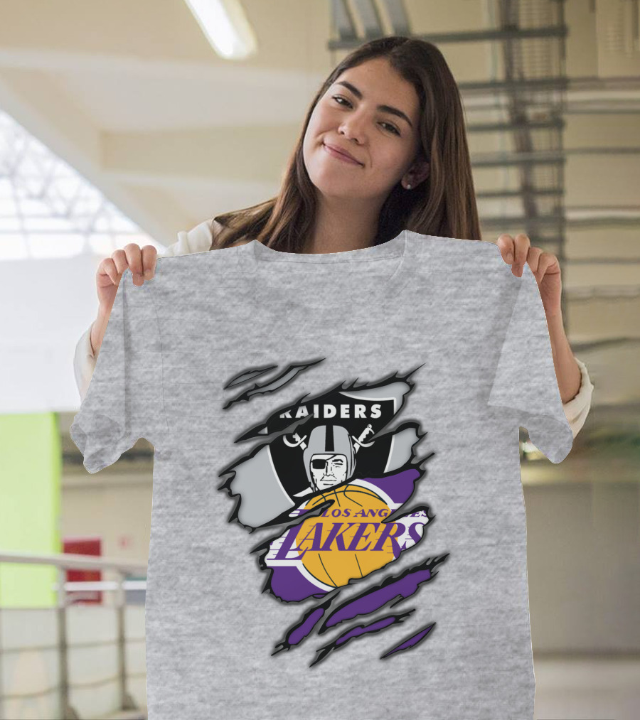 Raiders Los Angeles Lakers Basketball Football Fan Mashup T-Shirt