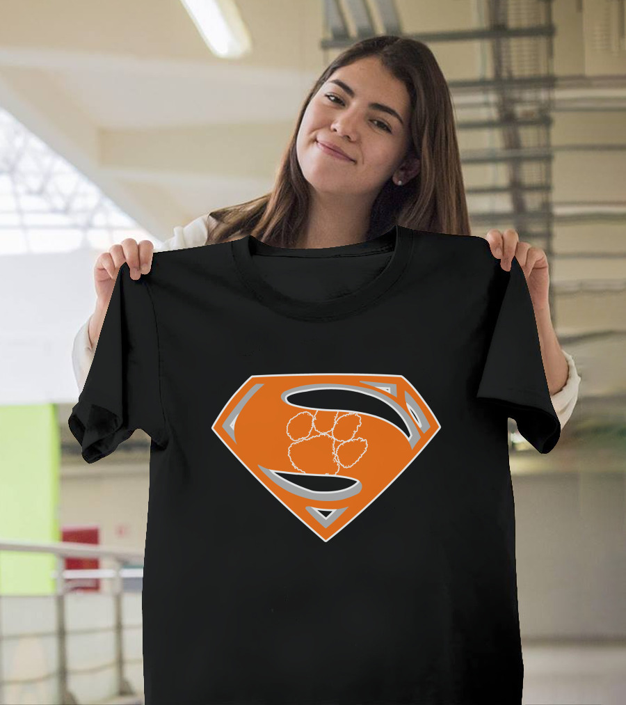 Superman Logo With Clemson Tigers Paw T-Shirt