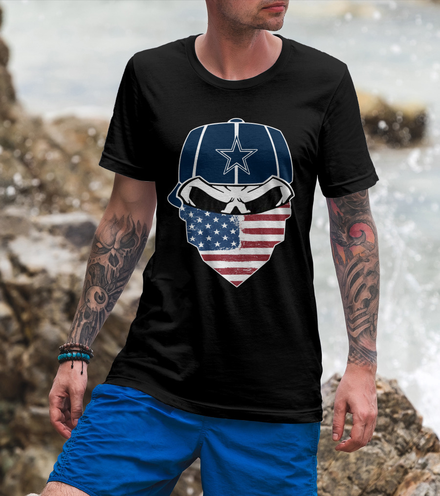 Cowboys Skull With Star Cap And American Flag Bandana T-Shirt