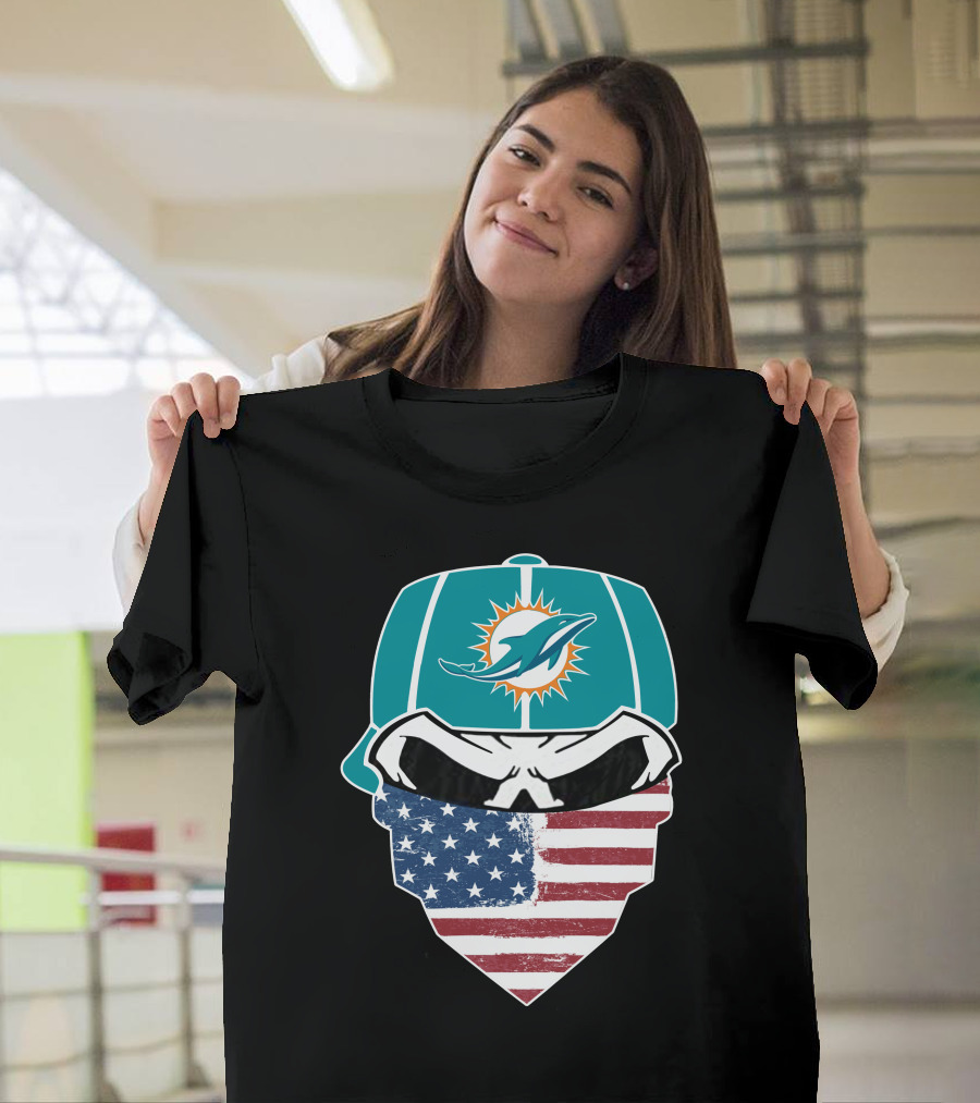 Miami Dolphins Skull American Flag Bandana T-Shirt