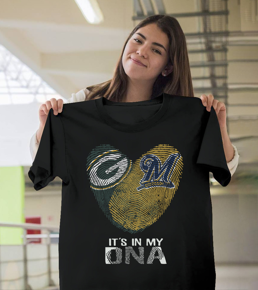 Packers Brewers It's In My Dna Heart Logo Fingerprint T-Shirt
