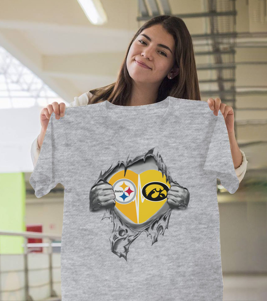 Steelers Hawkeyes Heartbeat Inside Layered Heart T-Shirt