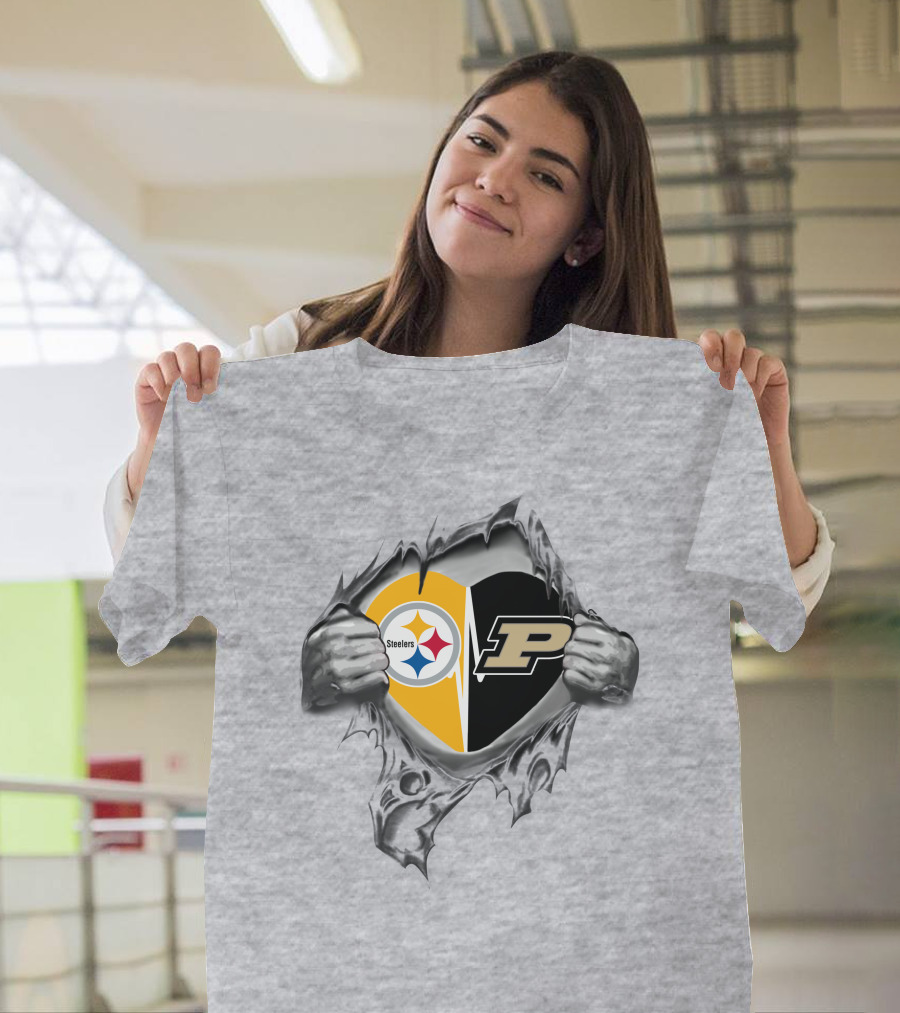 Steelers Purdue Heart Logo Ripped T-Shirt