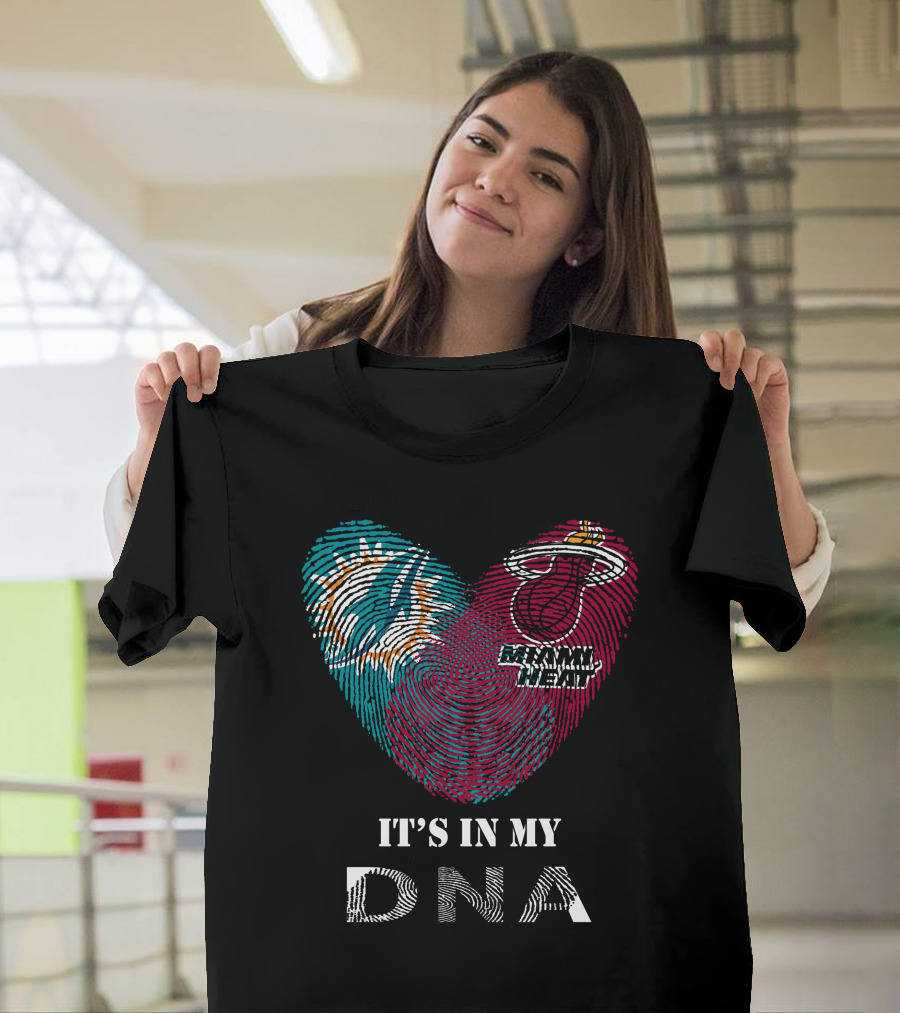 Miami Dolphins Miami Heat It's In My Dna Fingerprint Heart T-Shirt