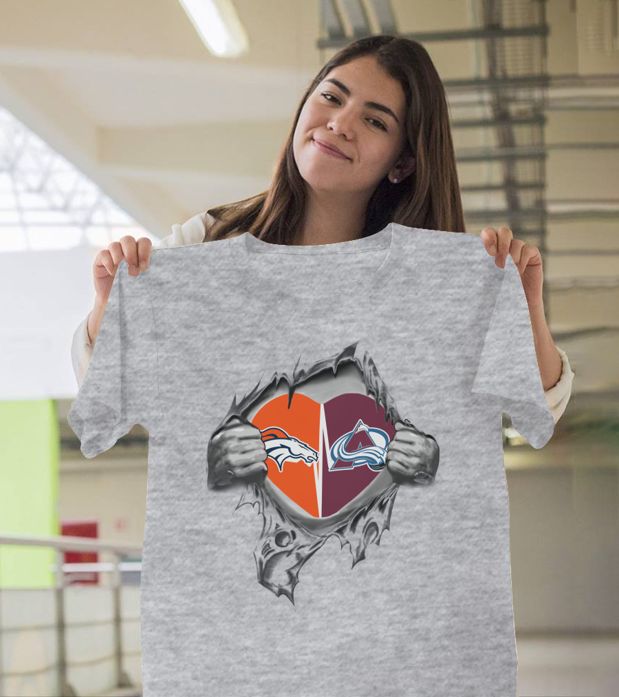 Broncos Avalanche Heart Logos Torn Gray Background T-Shirt