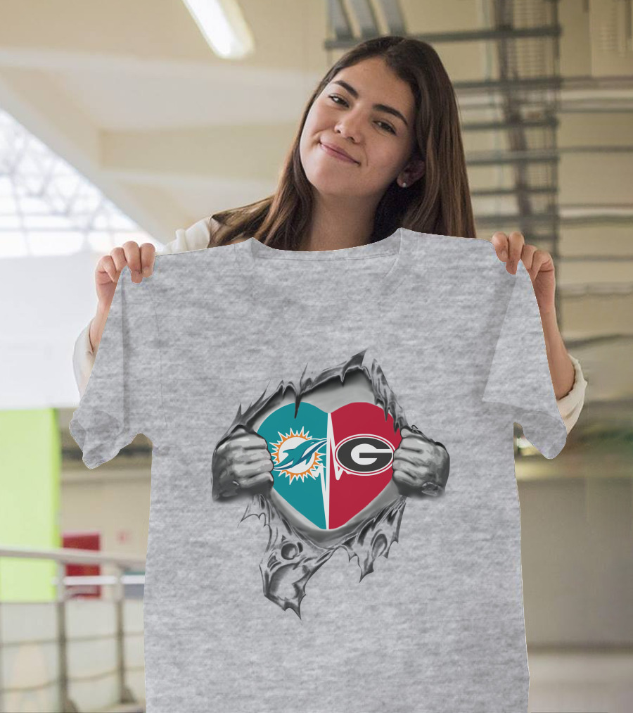 Dolphins Georgia Bulldogs Heart Logo Peeling Skin T-Shirt
