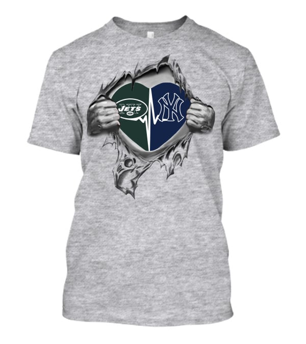 Jets Yankees Heart Logo With Hands Tearing T-Shirt