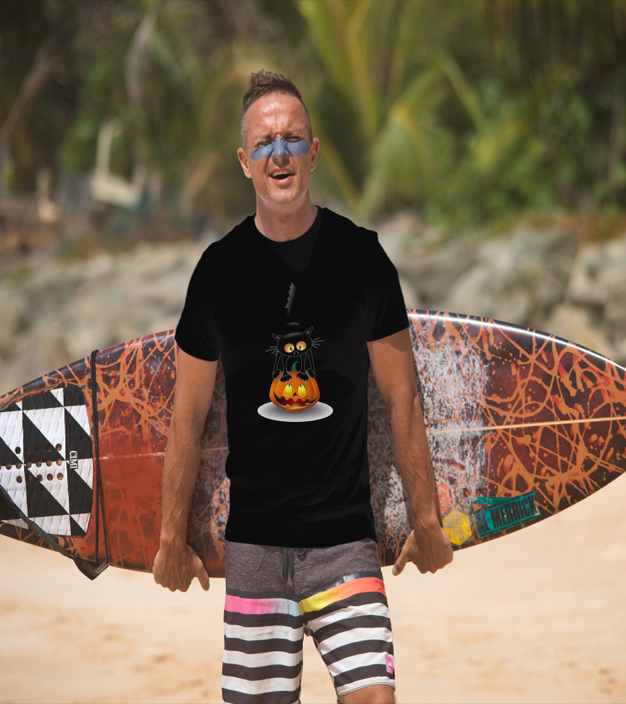 Disney Mickey Mouse Halloween Pumpkin Head With Black Cat Jack O'lantern T-Shirt