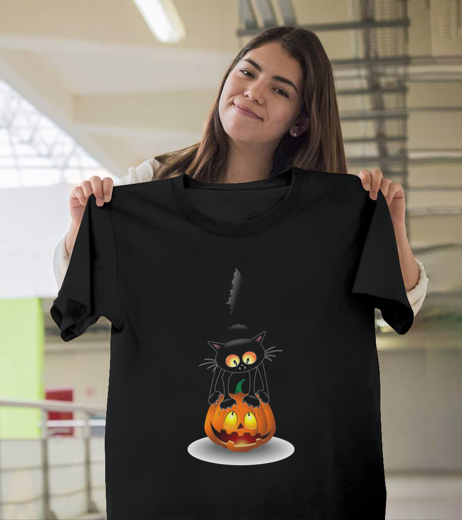 Disney Mickey Mouse Halloween Pumpkin Head With Black Cat Jack O'lantern T-Shirt