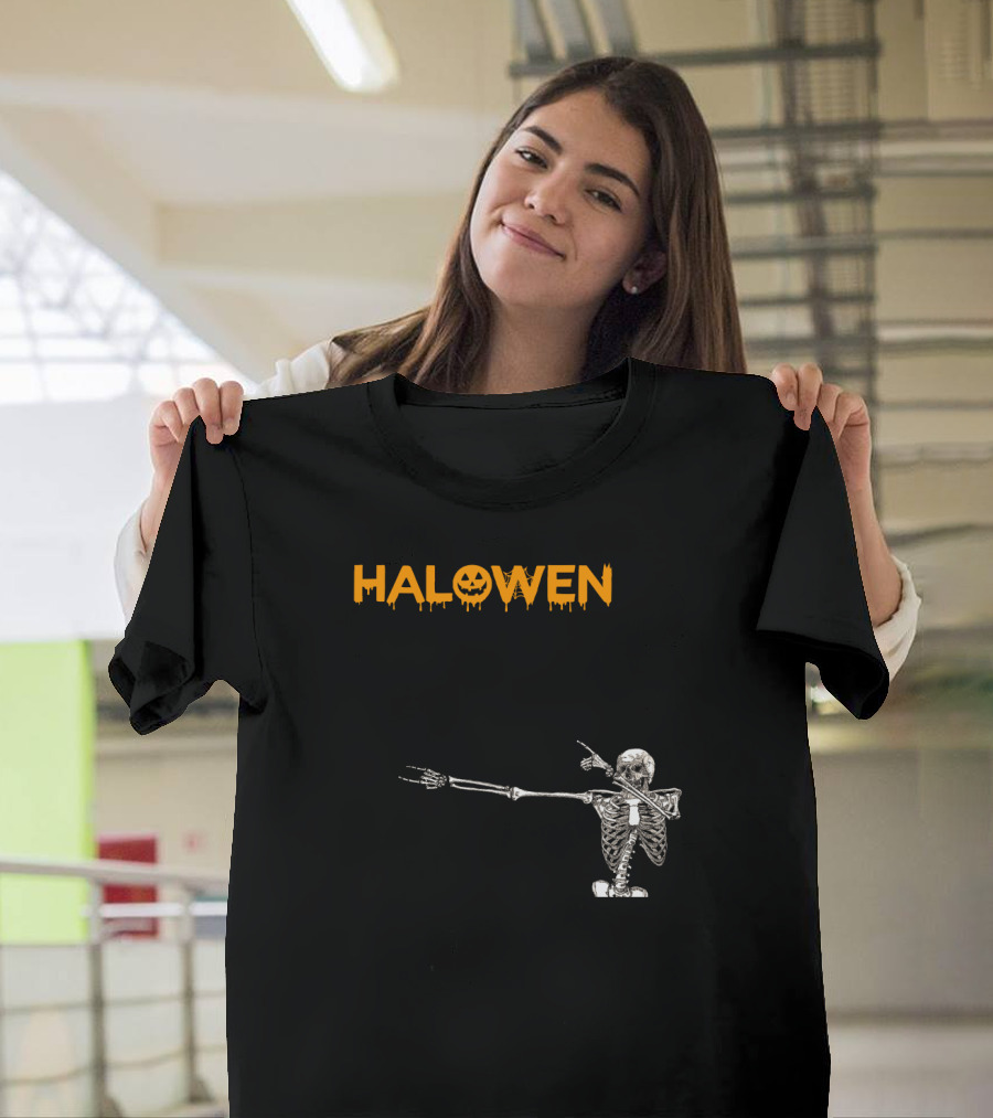 Halowen Skeleton Dabbing With Pumpkin Face T-Shirt