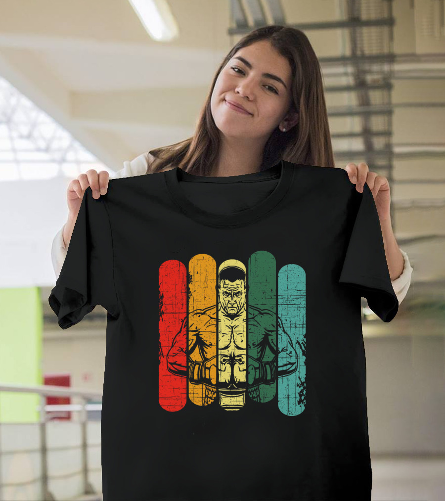 Retro Boxing Champion with Bold Multicolor Stripes T-Shirt