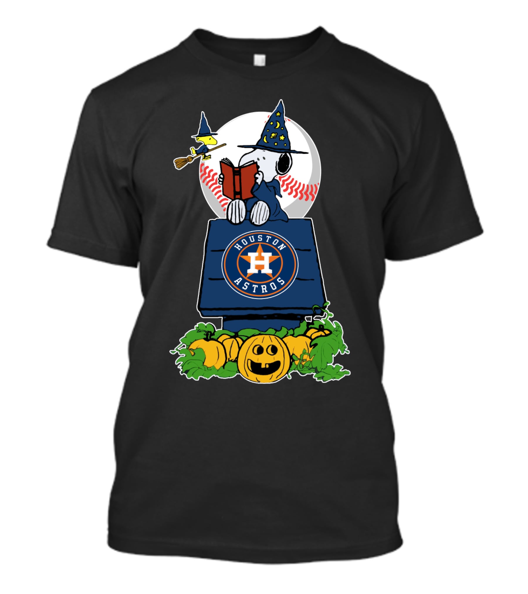 Houston Astros Halloween Snoopy And Woodstock Wizards Jack-O-Lantern Moon Baseball T-Shirt