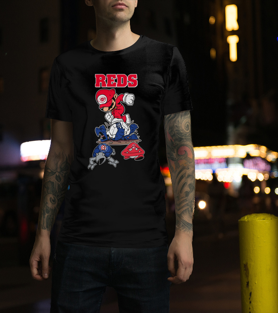 Reds Cincinnati Baseball Super Mario Style Crossover T-Shirt