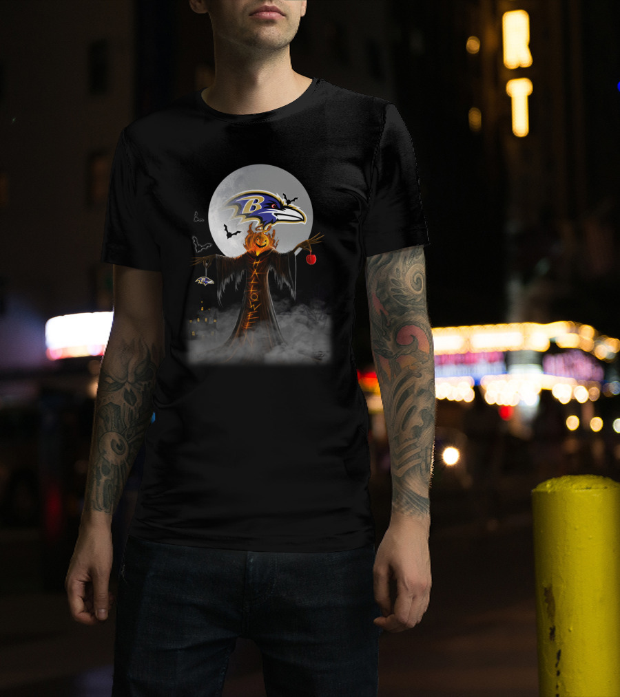 Baltimore Ravens Halloween Moon With Scarecrow And Pumpkin Head T-Shirt