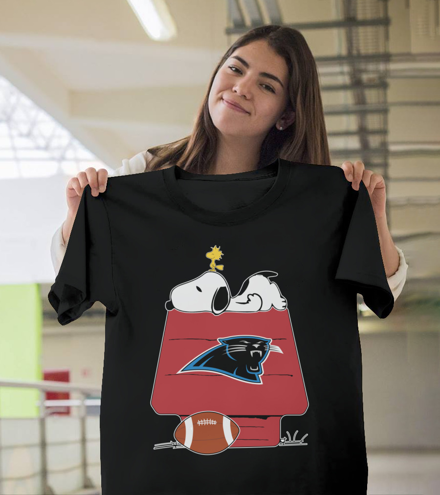 Snoopy And Woodstock On Doghouse With Carolina Panthers Logo And Football T-Shirt
