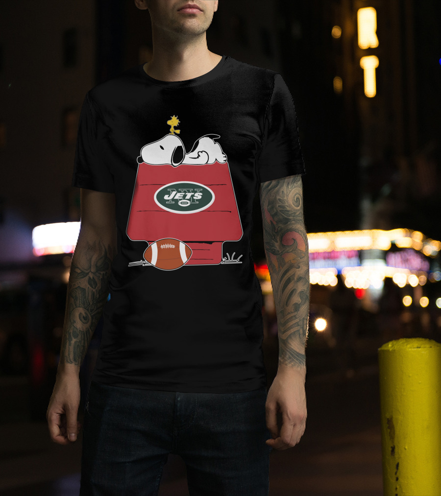 Snoopy On Doghouse With New York Jets Football Logo And Woodstock T-Shirt