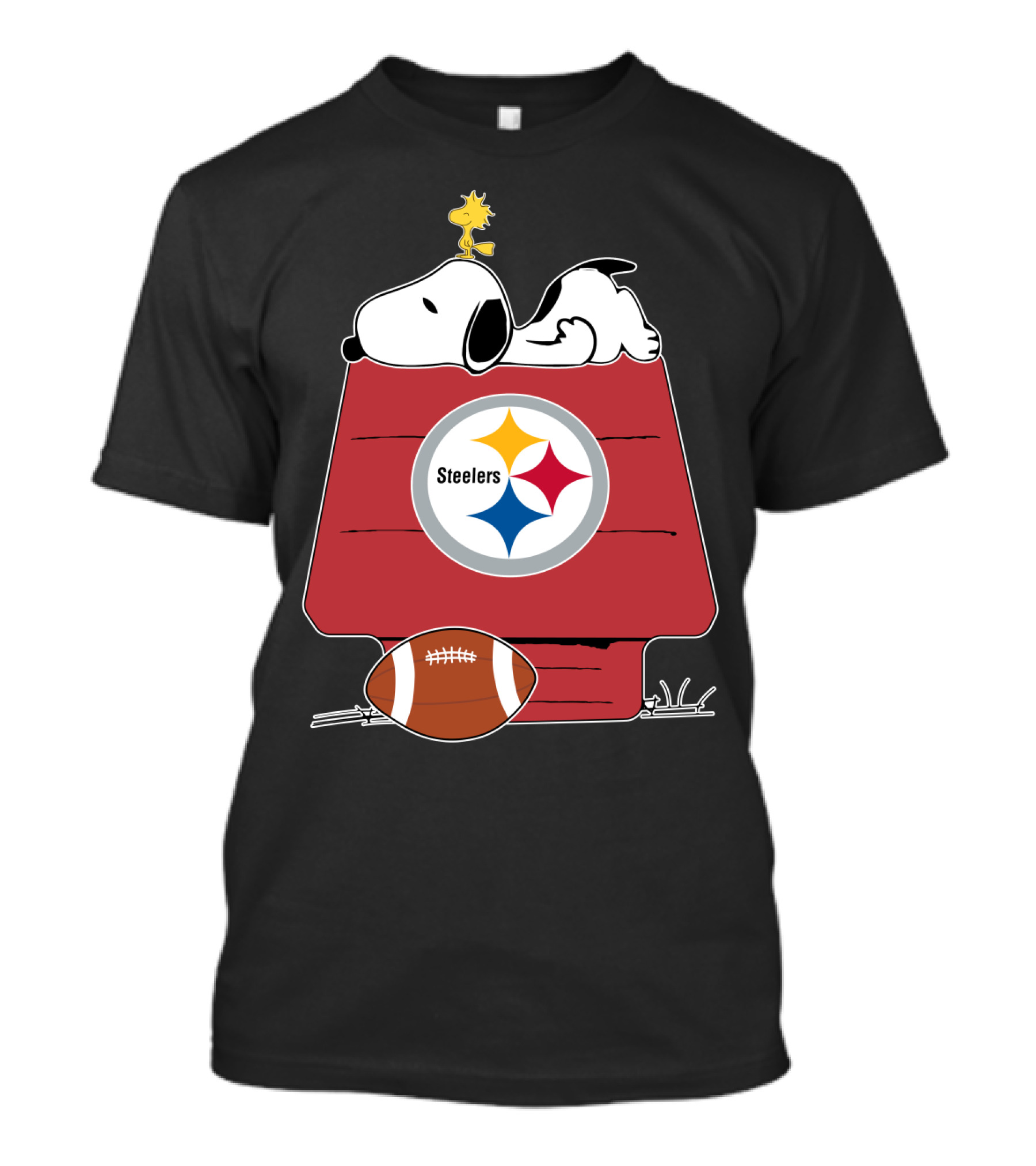 Snoopy And Woodstock With Pittsburgh Steelers Logo And Football On Doghouse T-Shirt