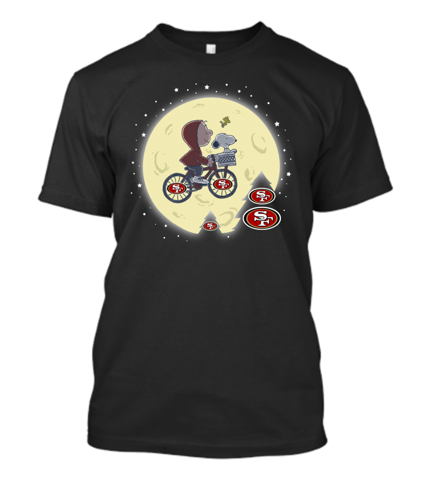 Halloween San Francisco 49ers Peanuts E.t. Moon Parody With Child And Dog On Bicycle T-Shirt