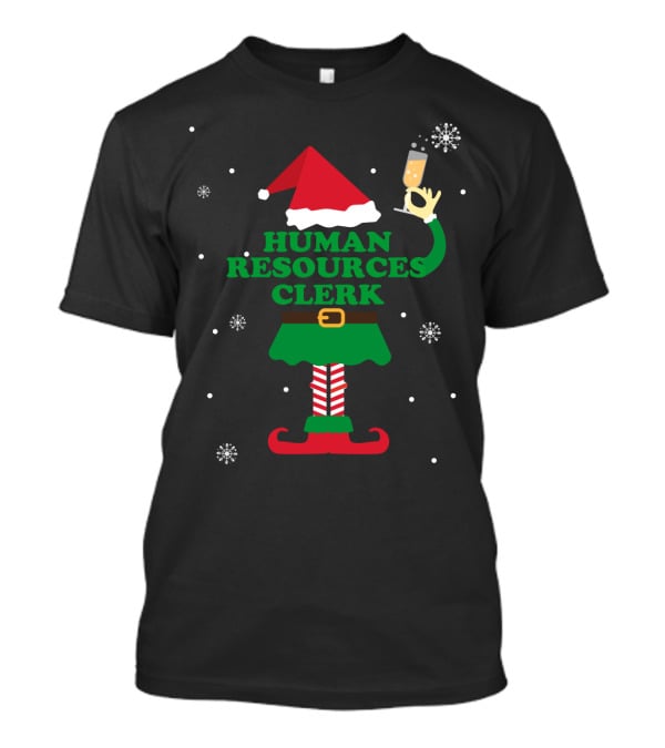 Human Resources Clerk Elf With Champagne Glass And Santa Hat T-Shirt
