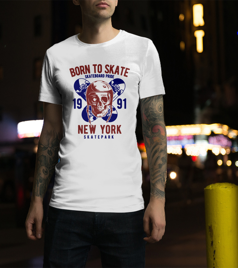 Born To Skate New York Skatepark 1991 Skull Skateboard Pride T-Shirt