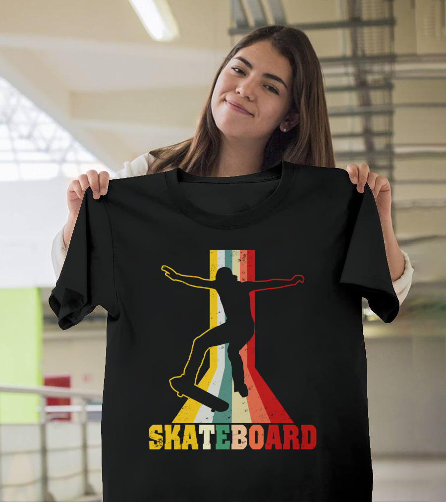 Retro Skateboard Silhouette with Vintage Color Stripes T-Shirt