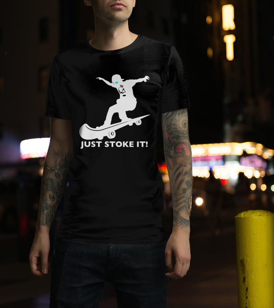 JUST STOKE IT Skateboarding Silhouette Skull T-Shirt