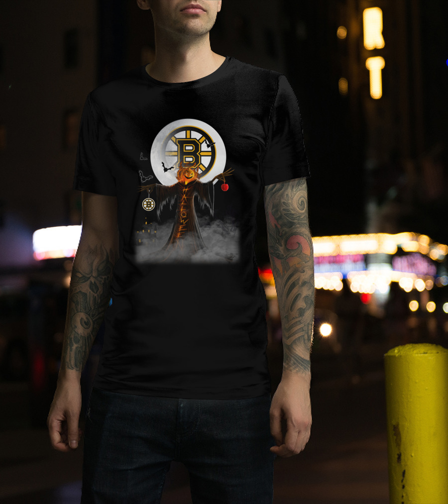 Halloween Boston Bruins Spooky Pumpkin Moon Bats T-Shirt