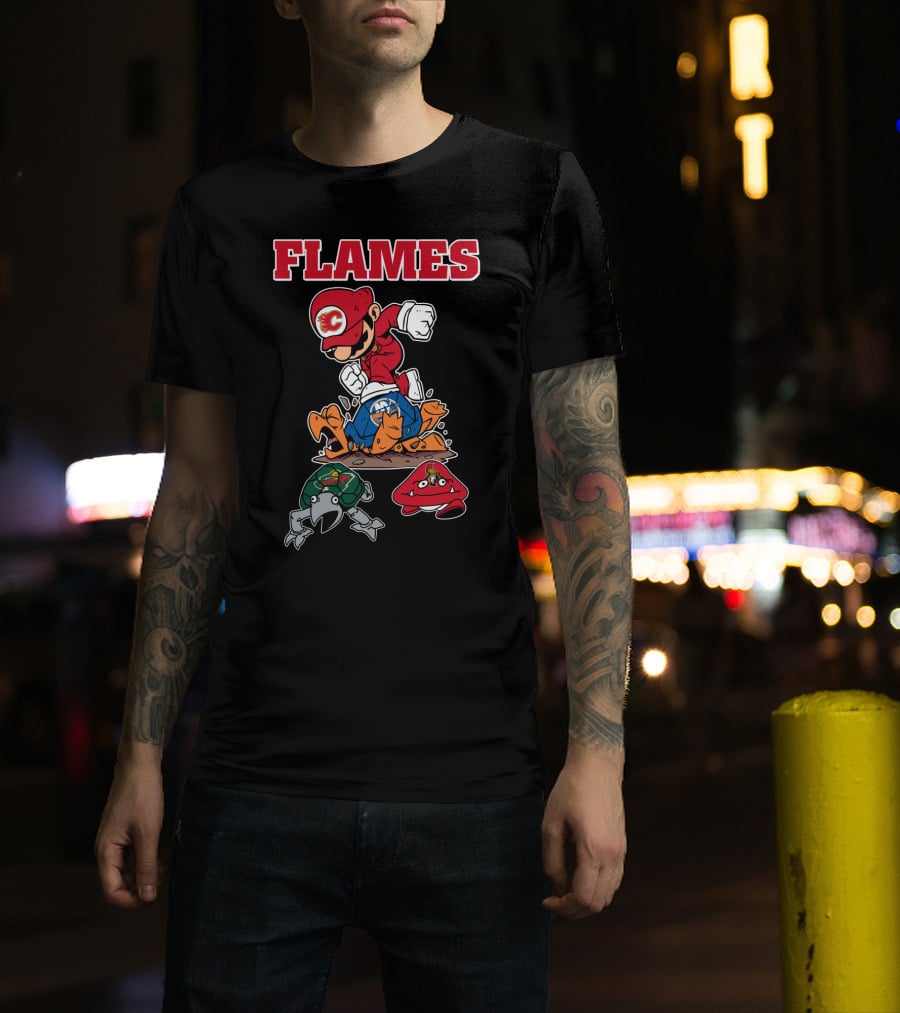 Calgary Flames Mario Parody Hockey Characters Retro Style T-Shirt