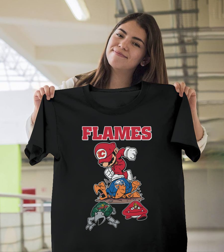 Calgary Flames Mario Parody Hockey Characters Retro Style T-Shirt