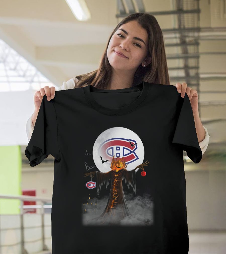 Halloween Canadiens Pumpkin Moon Bats Hockey Montreal T-Shirt