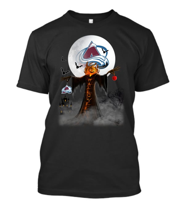 Halloween Colorado Avalanche Moonlit Pumpkin Scarecrow With Bats And Haunted Castle T-Shirt