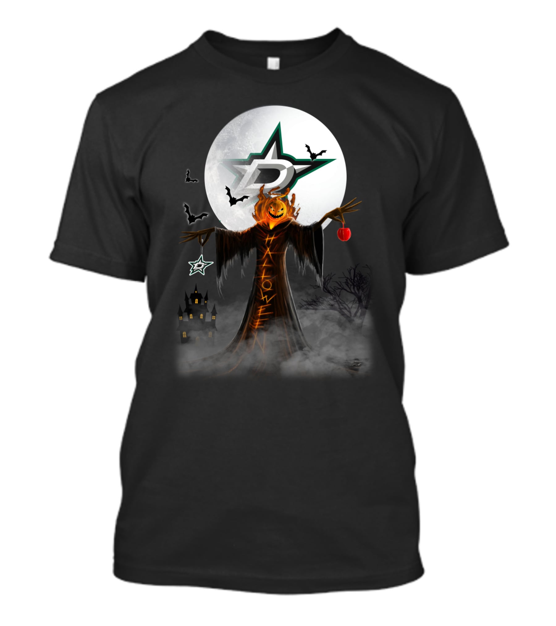 Halloween Dallas Stars Pumpkin Head With Bats And Moon T-Shirt