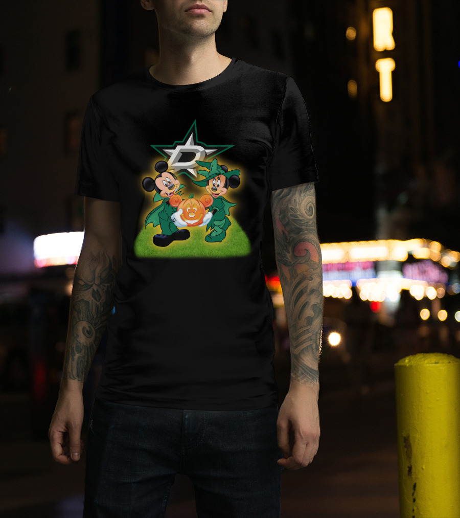 Dallas Stars Halloween Mickey And Minnie With Pumpkin On Grass Background T-Shirt