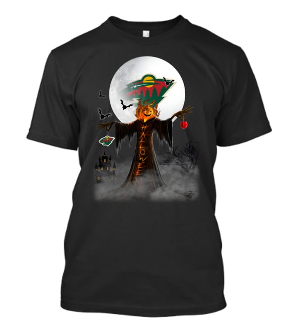 Halloween Pumpkin Scarecrow With Minnesota Wild Logo And Bats In Moonlit Haunted Scene T-Shirt