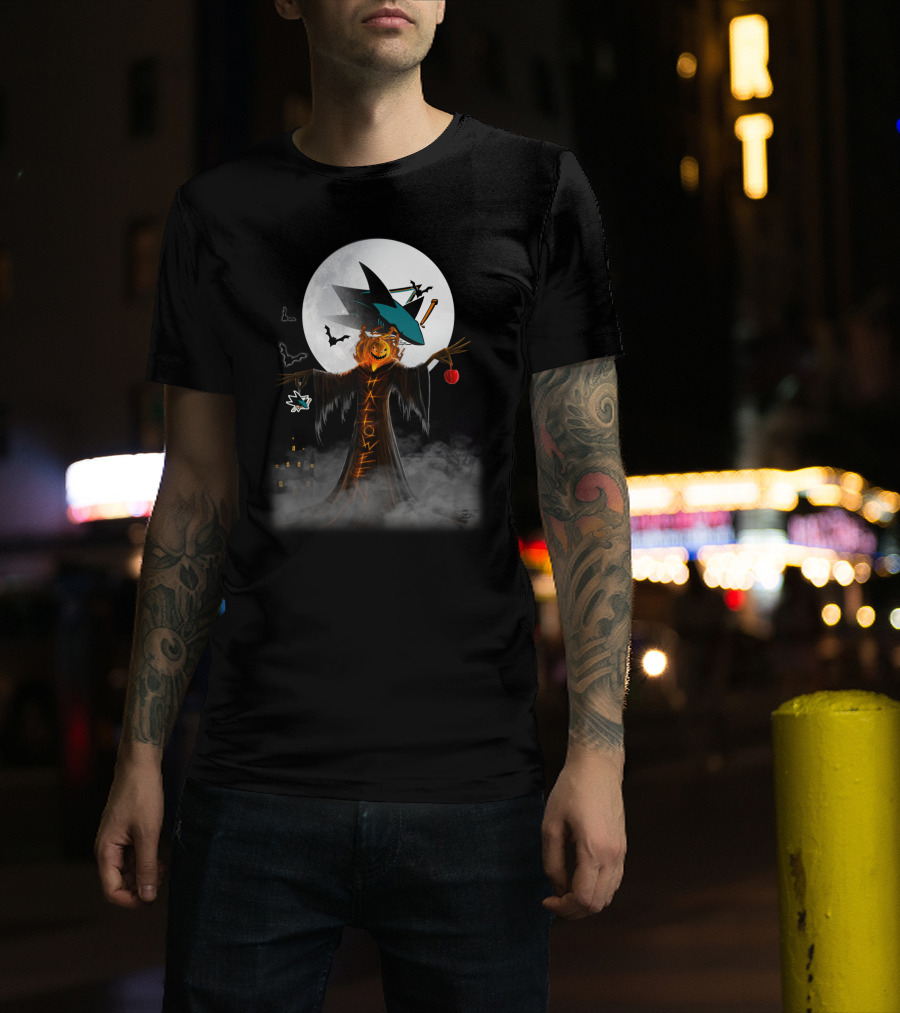 Halloween San Jose Sharks Full Moon Witch Pumpkin Bats T-Shirt
