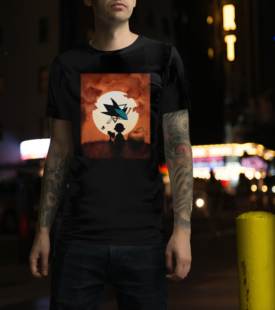 San Jose Sharks Halloween Pumpkin Moon Silhouette Scene T-Shirt