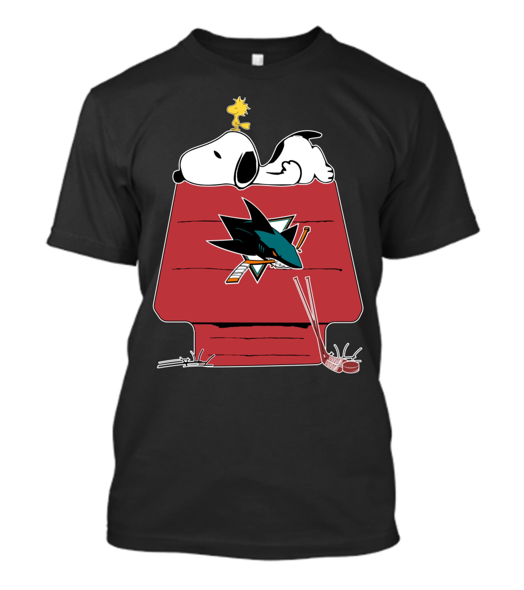 Snoopy And Woodstock On Doghouse With San Jose Sharks Logo And Hockey Sticks T-Shirt
