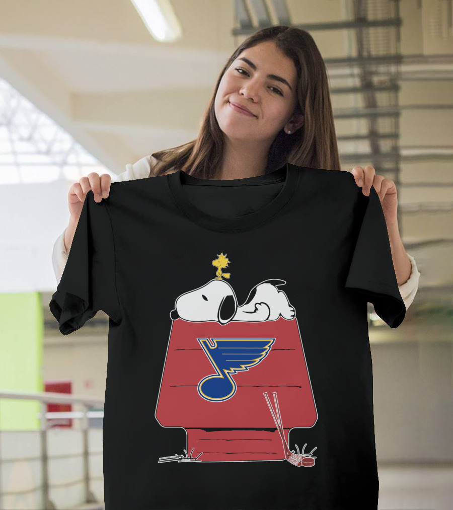 Snoopy And Woodstock With St. Louis Blues Logo On Doghouse T-Shirt