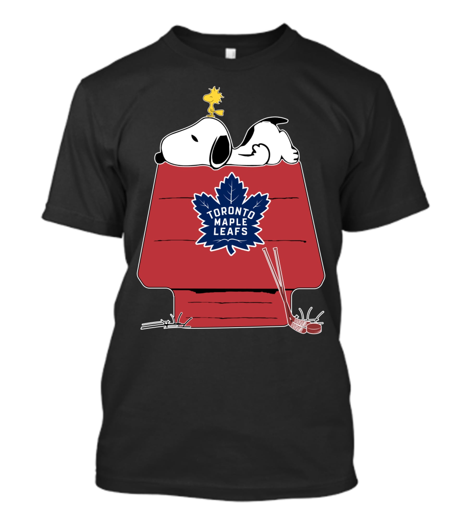 Snoopy And Woodstock With Toronto Maple Leafs Logo On Red House With Hockey Sticks T-Shirt