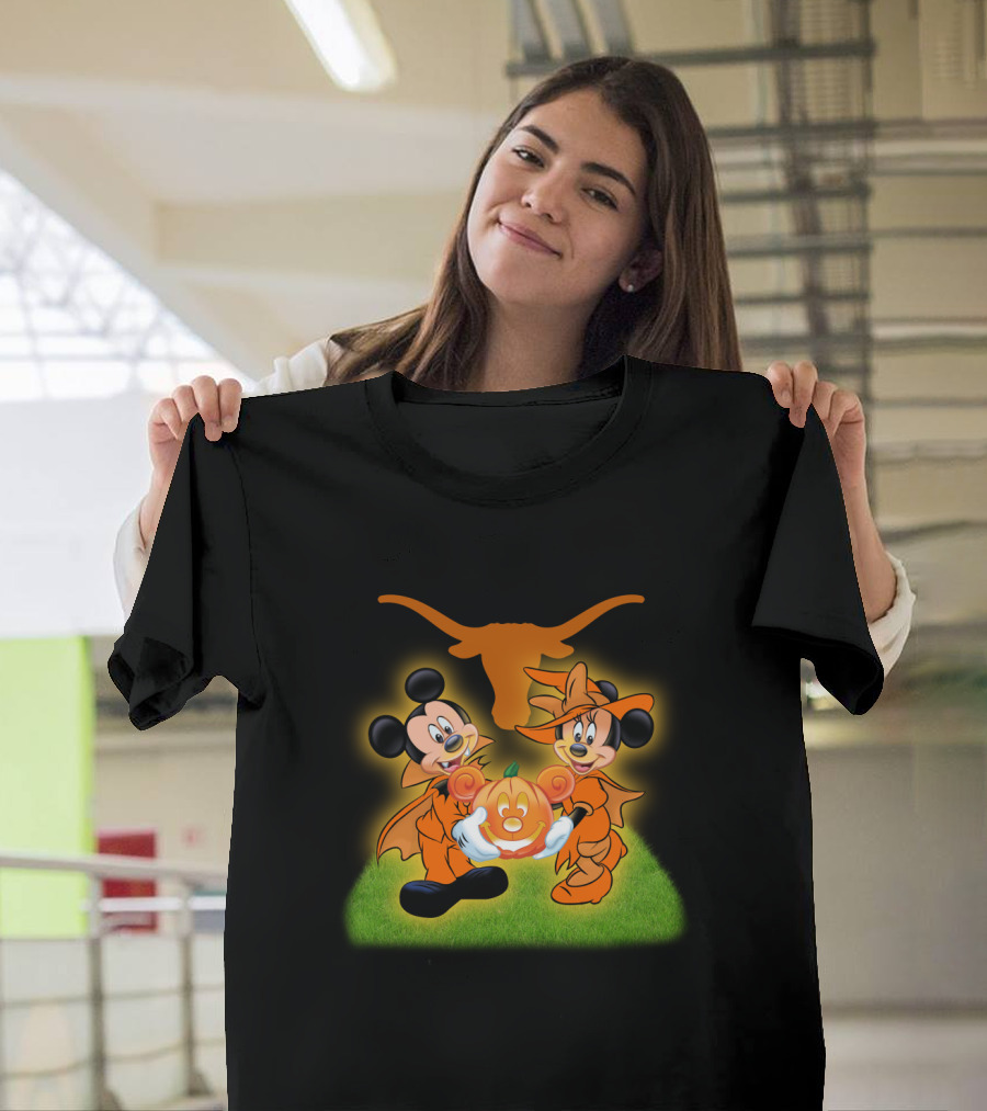 Halloween Texas Longhorns Mickey And Minnie Pumpkin Duo T-Shirt