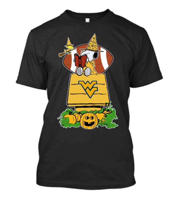 Snoopy Witch Reading On WVU Doghouse With Football And Pumpkins For Halloween T-Shirt