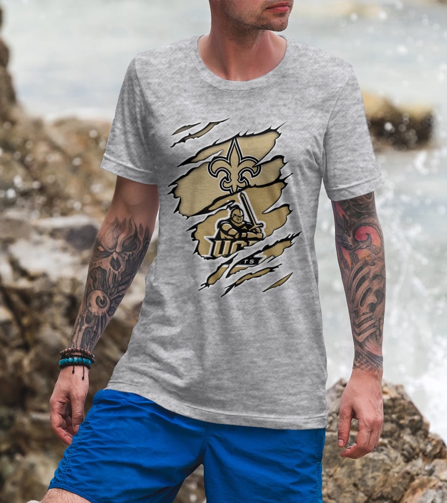 UCF Knights New Orleans Saints Gold Fleur-de-Lis Logo Mashup T-Shirt