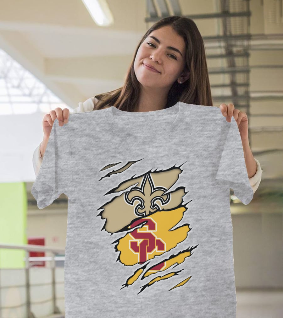 Saints Trojans USC Fleur-de-Lis Logo Combination T-Shirt
